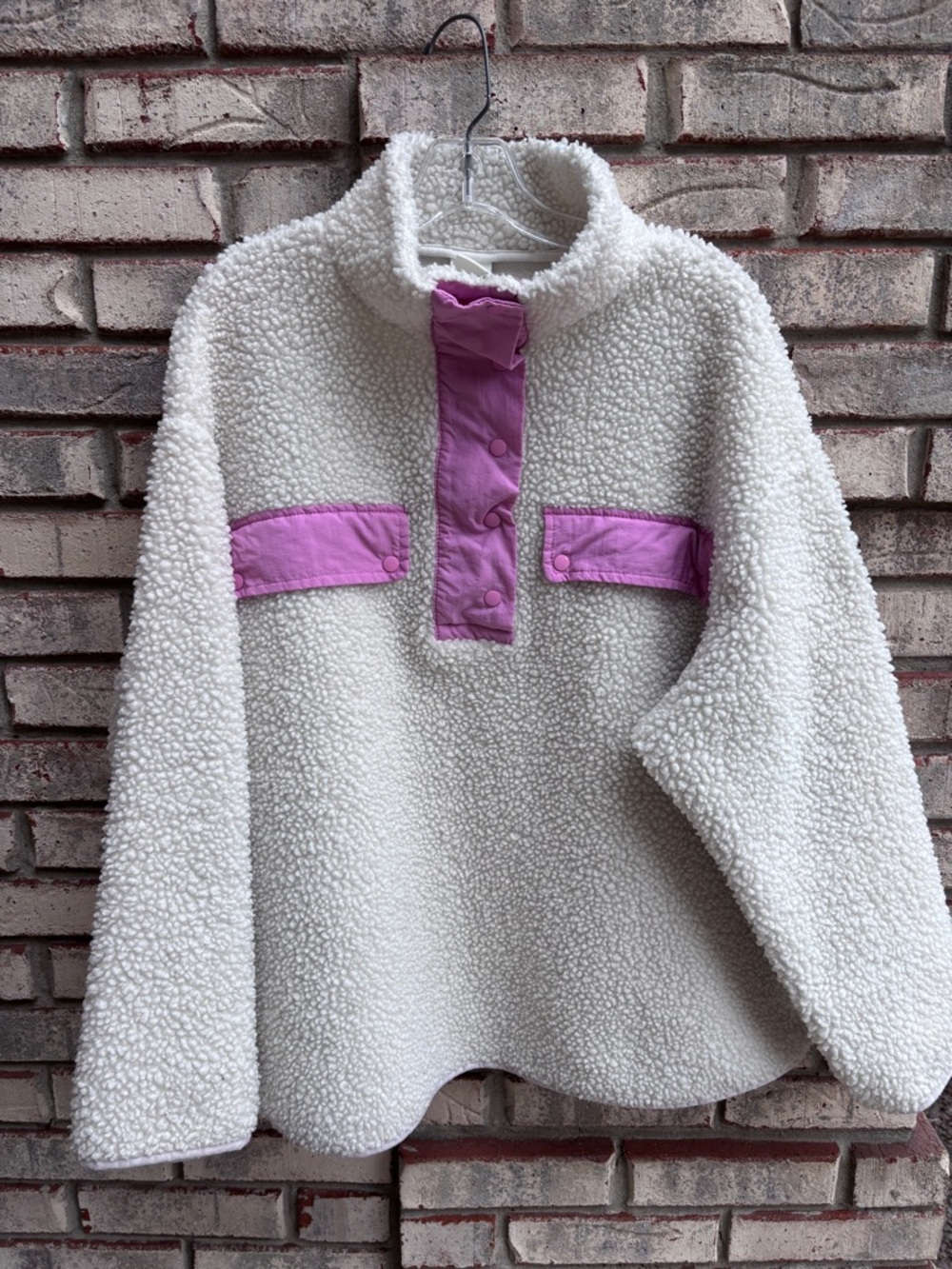 H&M Sherpa Fleece Pullover Jacket Half Snap Ivory with Pink Size M Oversized - Picture 2 of 8